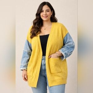 Yellow and Denim Sleeve Open Cardigan Sweater
